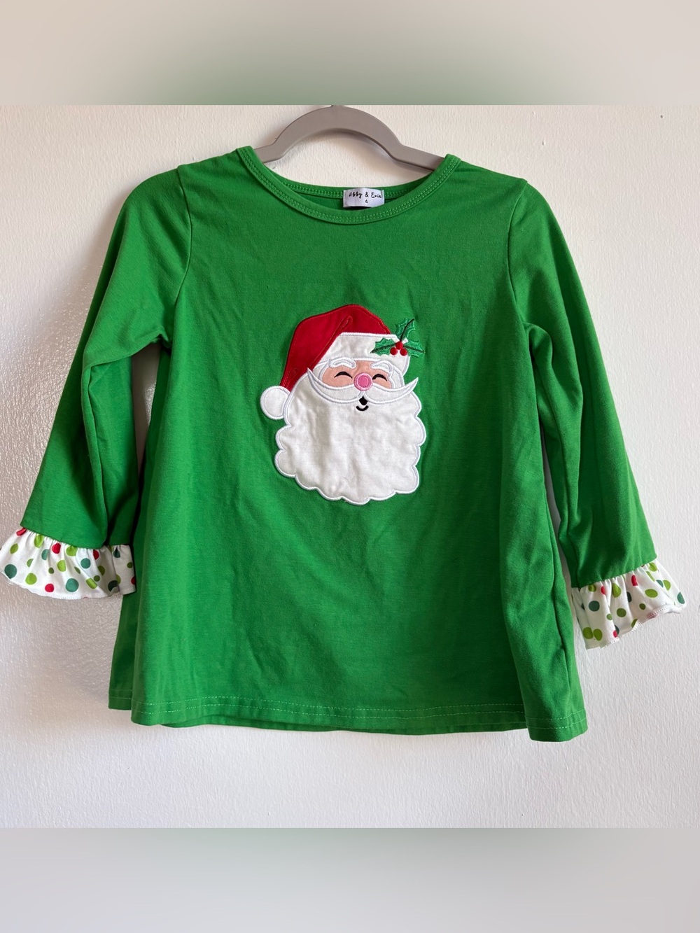 Abby & Evie Girls Size 4 Green Santa Claus Christmas Long Sleeve Crew T-Shirt